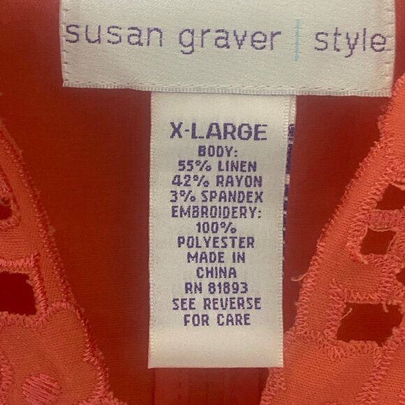 Susan Graver Linen Blend Top X-Large Coral Floral Embroidery - Picture 2 of 9